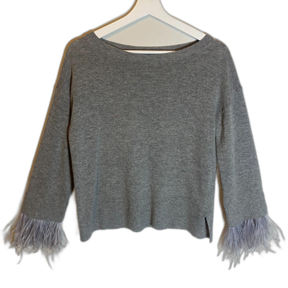 J. Crew Wool Blend Sweater Women's Size S Gray Feather Trimmed Embellished Luxe - Picture 2 of 6